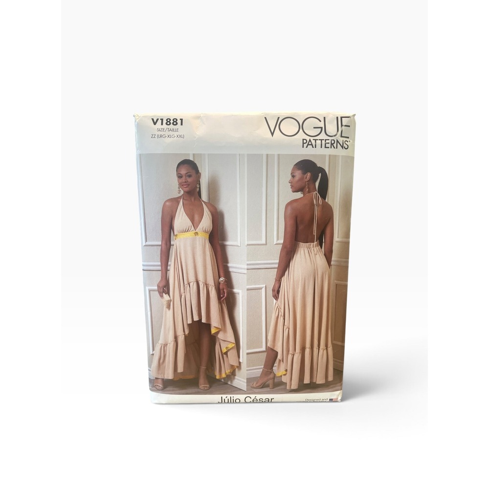 Vogue V1881 Sewing Pattern Women LG-XXL Beige Halter High-Low Dress Julio Cesar